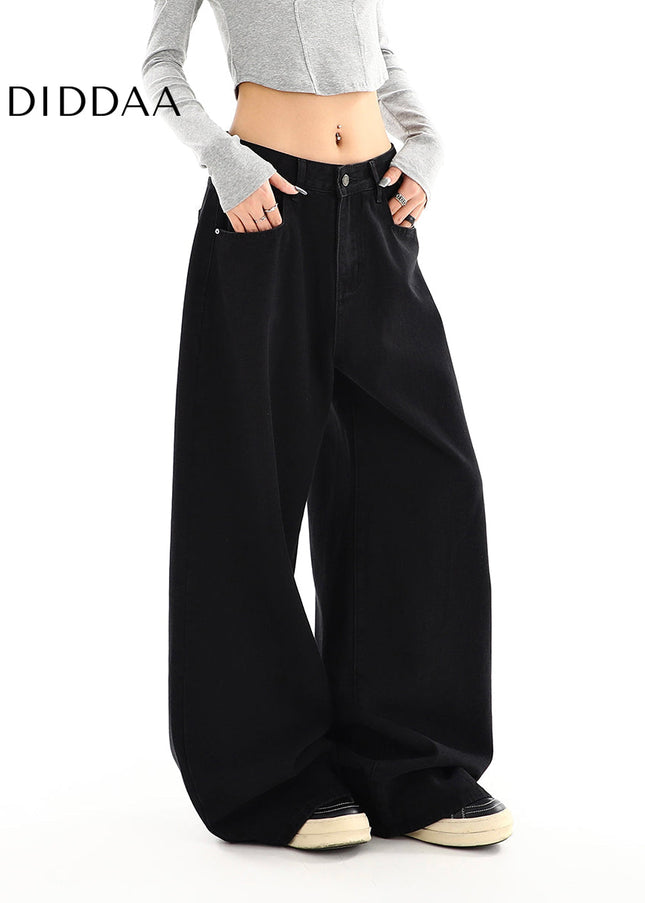 Black High Waist Loose Drap Wide-Leg Jeans for Women - Women’s Jeans