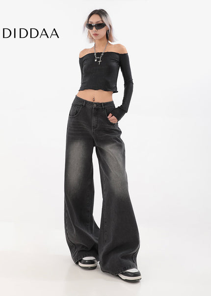 Black High Waist Loose Fit Wide Leg Jeans for Women - Women’s Jeans