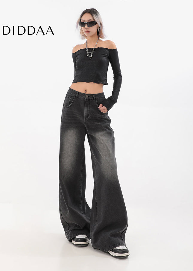Black High Waist Loose Fit Wide Leg Jeans for Women - Women’s Jeans