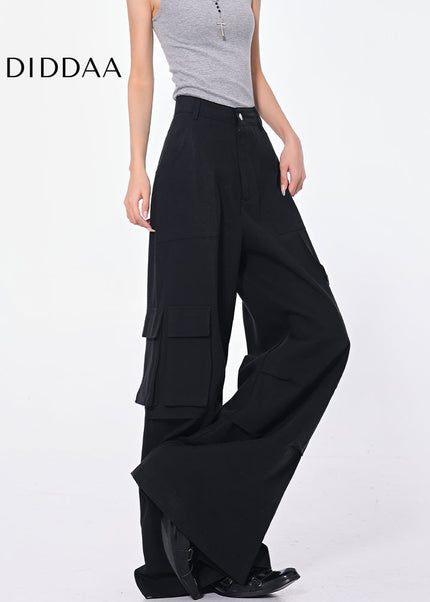 Black High Waist Pleated Cargo Jeans with Pockets - Women’s Jeans