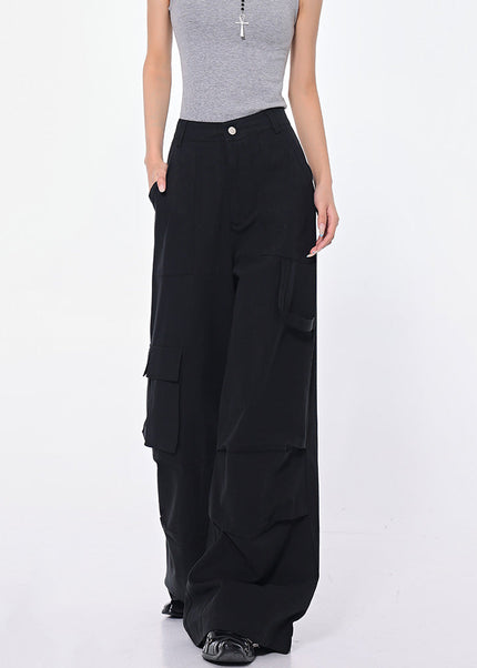 Black High Waist Pleated Cargo Jeans with Pockets - Women’s Jeans