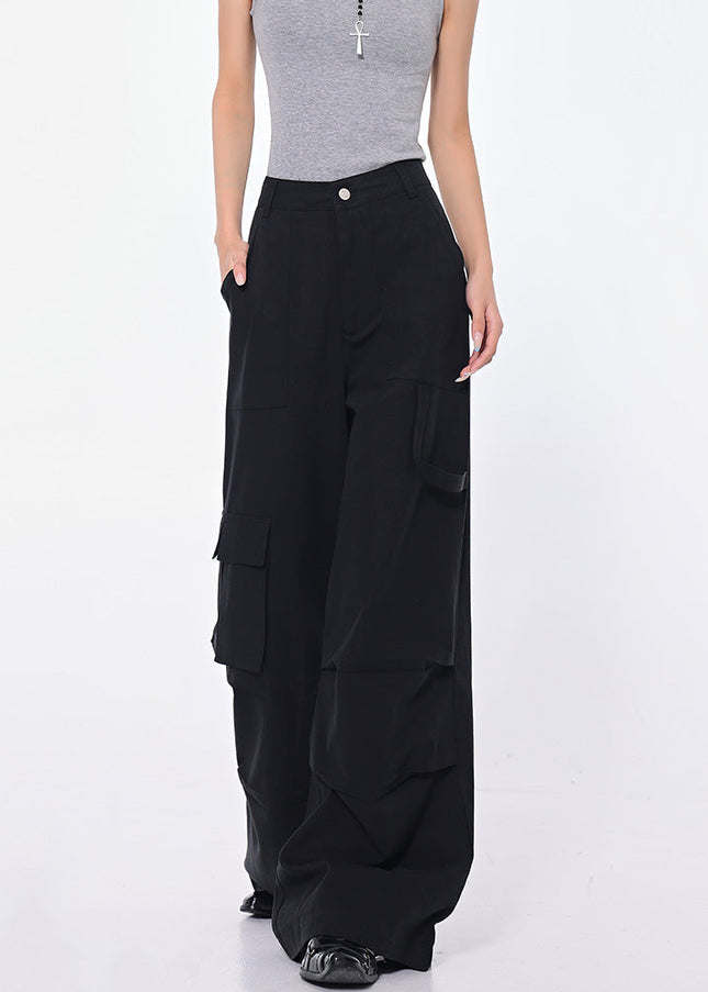 Black High Waist Pleated Cargo Jeans with Pockets - Women’s Jeans