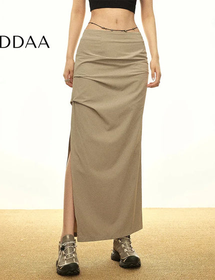 Black High Waist Pleated Slit Skirt Women’s Summer Style - S / Khaki - Skirts