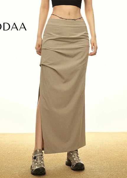 Black High Waist Pleated Slit Skirt Women’s Summer Style - S / Khaki - Skirts