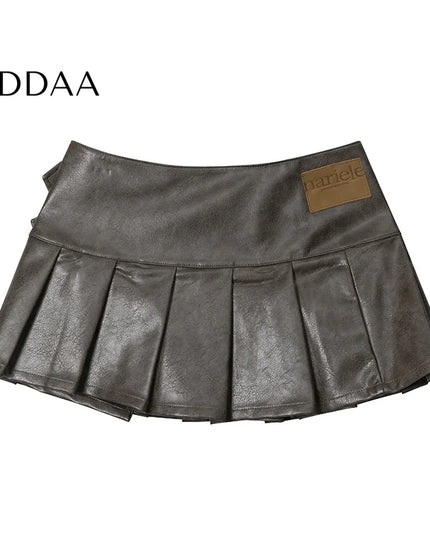 Black High Waist PU Leather Pleated A-Line Skirt - S / Brown - Skirts