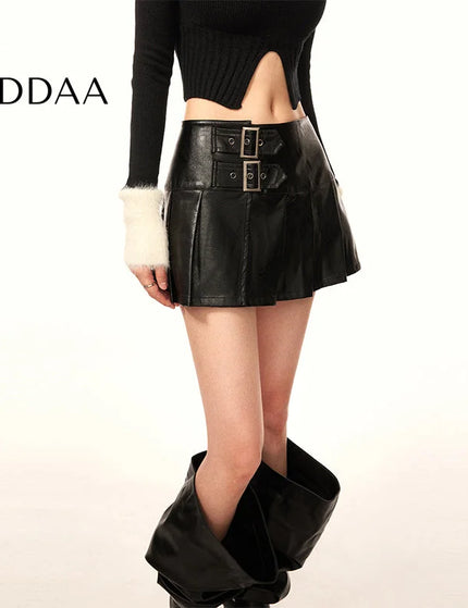 Black High Waist PU Leather Pleated A-Line Skirt - S / Black - Skirts