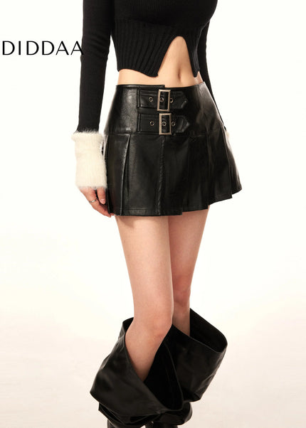 Black High Waist PU Leather Pleated A-Line Skirt - Skirts