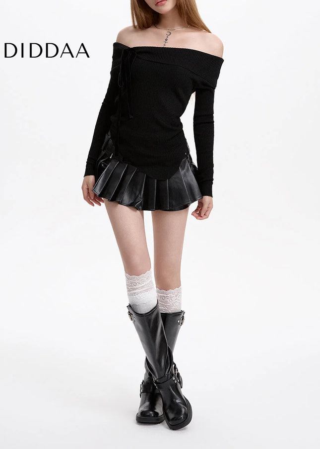 Black High Waist PU Leather Pleated A-Line Skirt - Skirts
