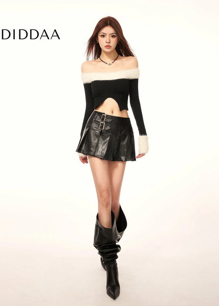 Black High Waist PU Leather Pleated A-Line Skirt - Skirts