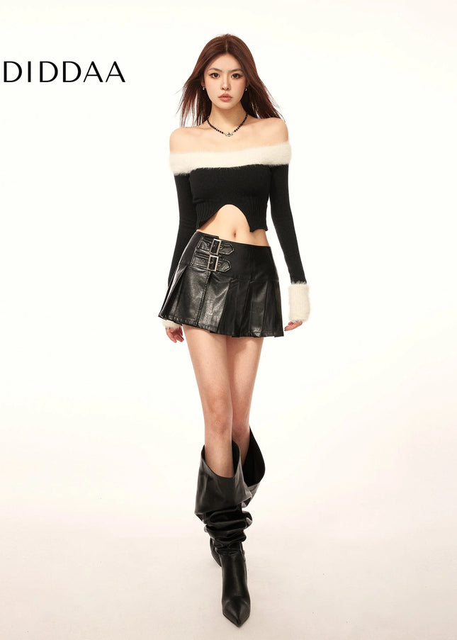 Black High Waist PU Leather Pleated A-Line Skirt - Skirts