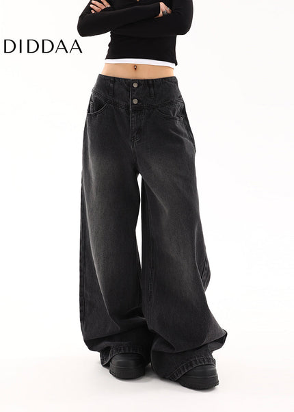Black High Waist Wide-Leg Jeans for Women Retro Style - Women’s Jeans