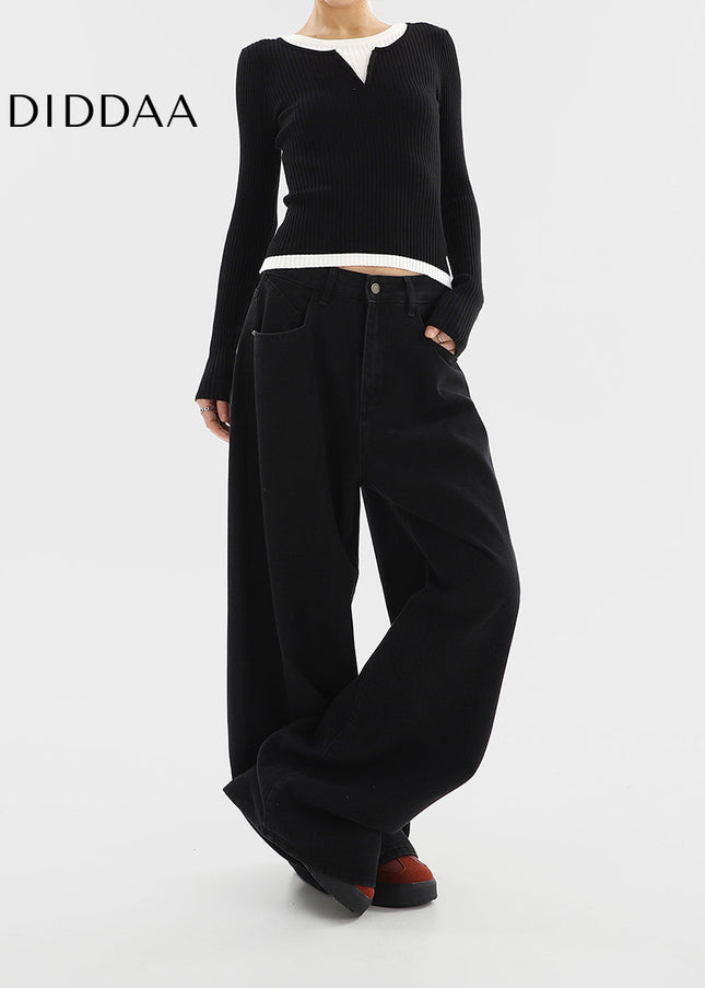 Black High Waist Wide Leg Jeans Slim Casual Pants - Women’s Jeans