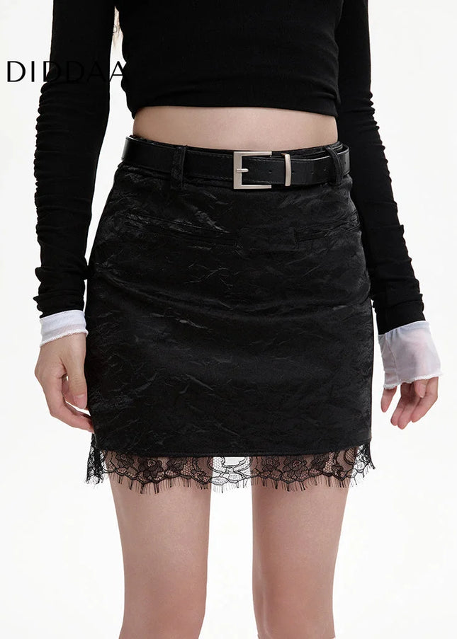 Black High-Waisted A-Line PU Leather Skirt with Lace Stitching - S / Black - Skirts