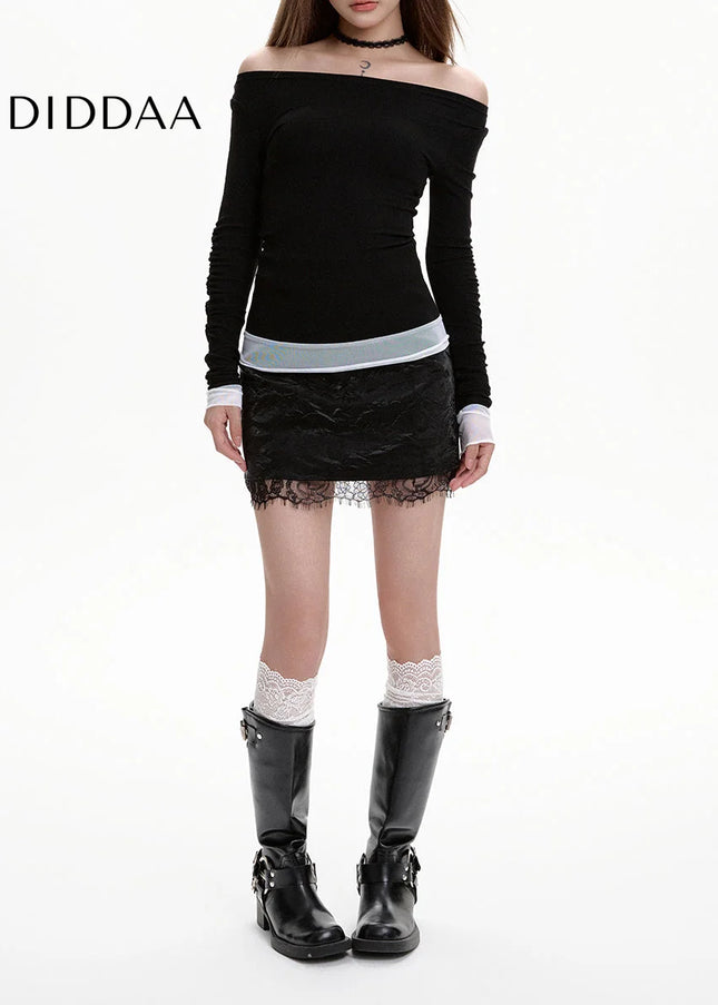 Black High-Waisted A-Line PU Leather Skirt with Lace Stitching - Skirts