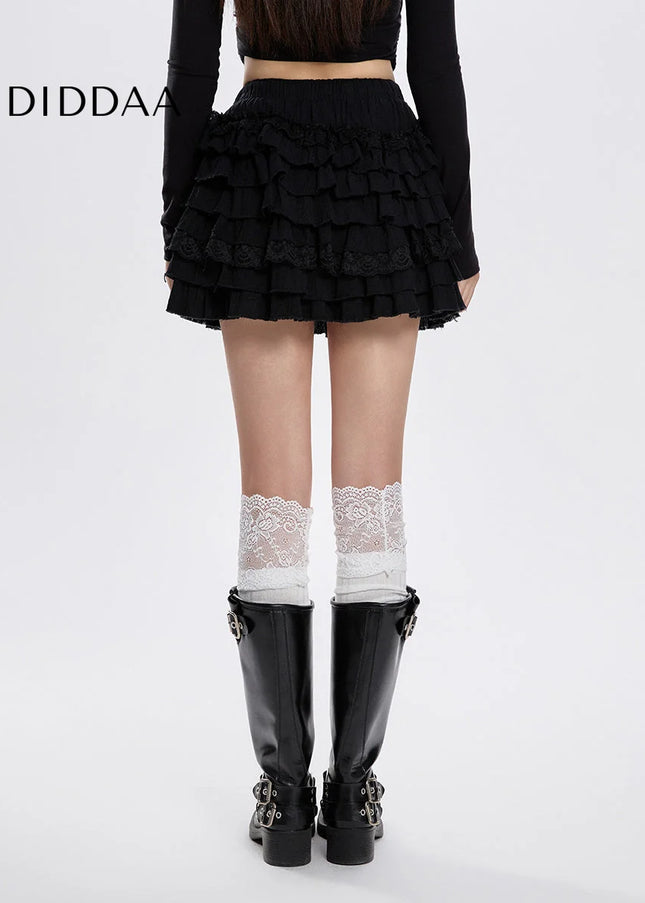 Black High-Waisted Lace A-Line Puffy Skirt for Women - Skirts