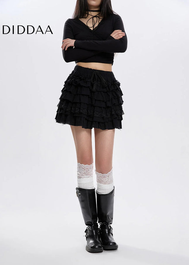 Black High-Waisted Lace A-Line Puffy Skirt for Women - Skirts