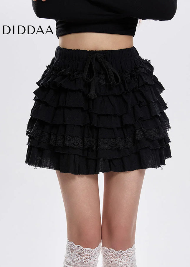 Black High-Waisted Lace A-Line Puffy Skirt for Women - Skirts