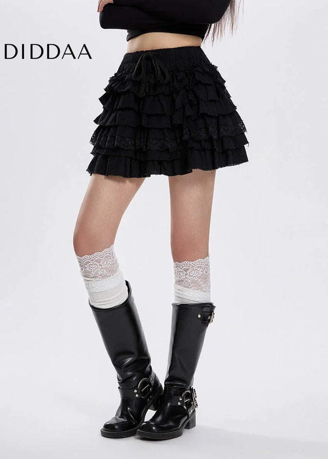 Black High-Waisted Lace A-Line Puffy Skirt for Women - Skirts