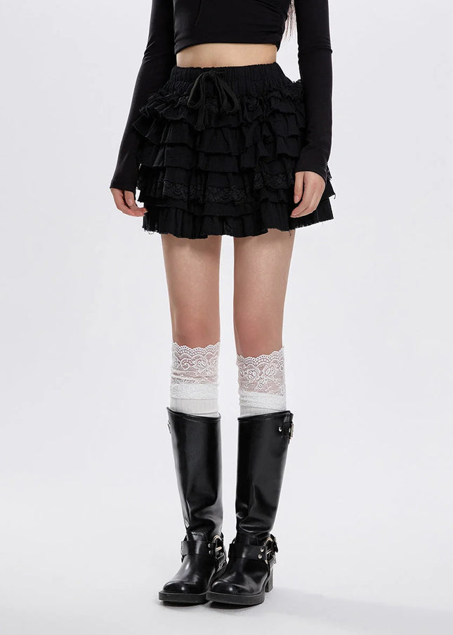 Black High-Waisted Lace A-Line Puffy Skirt for Women - Skirts