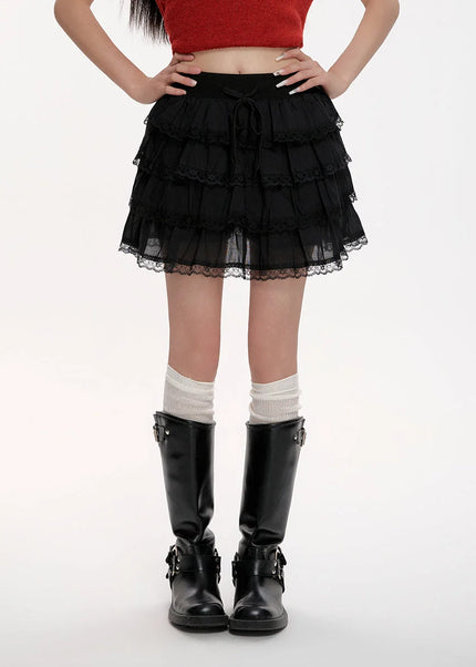 Black High-Waisted Lace A-Line Summer Skirt - Skirts