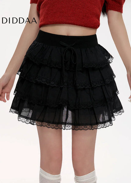 Black High-Waisted Lace A-Line Summer Skirt - Skirts