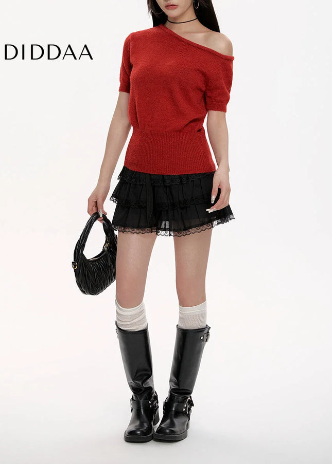 Black High-Waisted Lace A-Line Summer Skirt - Skirts