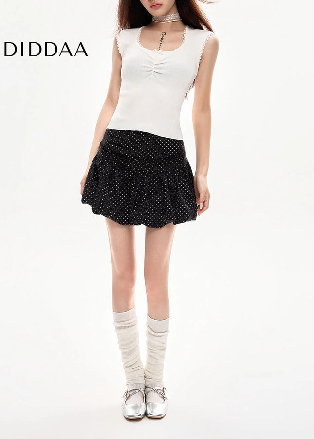 Black High-Waisted Polka Dot Chiffon A-Line Skirt - Skirts