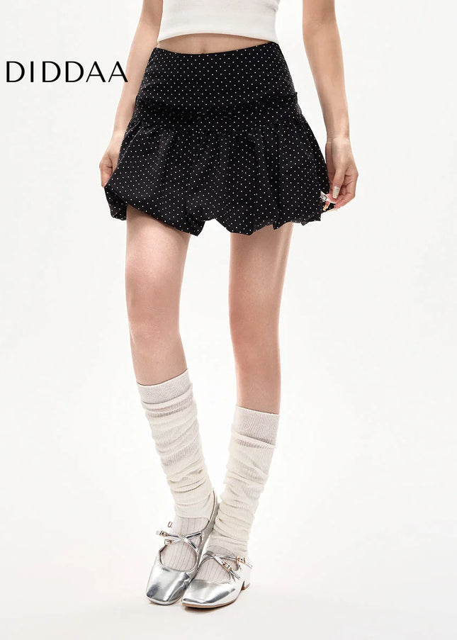 Black High-Waisted Polka Dot Chiffon A-Line Skirt - Skirts
