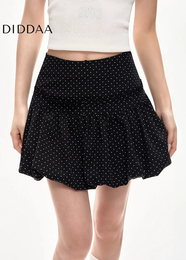 Black High-Waisted Polka Dot Chiffon A-Line Skirt - Skirts