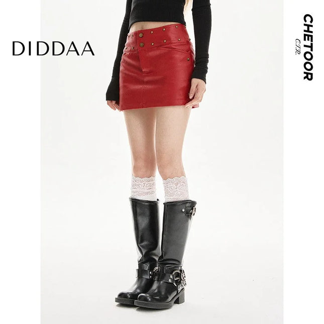 Black High-Waisted PU Leather A-Line Skirt for Women - S / Red - Skirts