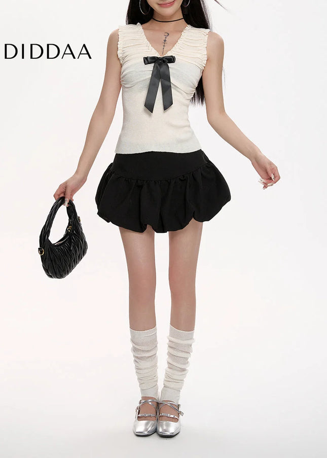 Black High-Waisted Slim Puffy Lantern Skirt Summer 2025 - Skirts