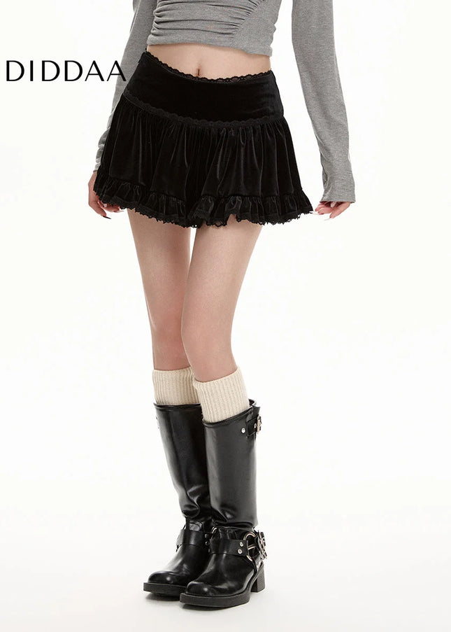 Black High-Waisted Thickened A-Line Velvet Skirt - Skirts