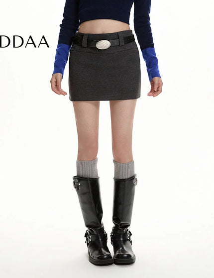 Gray High-Waisted Slim A-Line Woolen Skirt for Women - S / Grey - Skirts