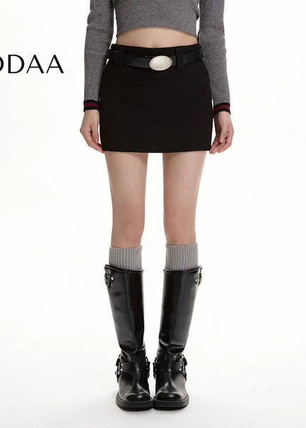 Gray High-Waisted Slim A-Line Woolen Skirt for Women - S / Black - Skirts