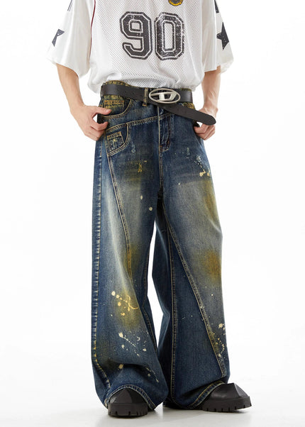 Black Ink-Splashed Loose Straight-Leg Jeans - Men’s Jeans