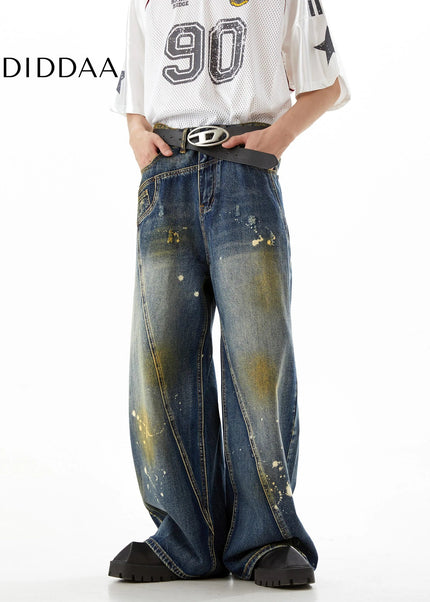 Black Ink-Splashed Loose Straight-Leg Jeans - Men’s Jeans