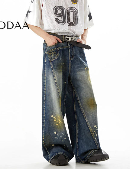 Black Ink-Splashed Loose Straight-Leg Jeans - S / Blue - Men’s Jeans