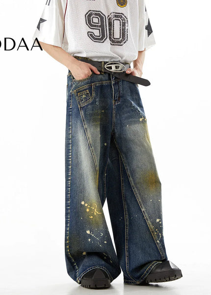 Black Ink-Splashed Loose Straight-Leg Jeans - S / Blue - Men’s Jeans