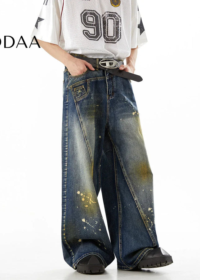 Black Ink-Splashed Loose Straight-Leg Jeans - S / Blue - Men’s Jeans
