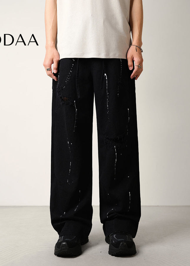 Black Ink-Splashed Ripped Wide-Leg Jeans - 28 / Black - Men’s Jeans