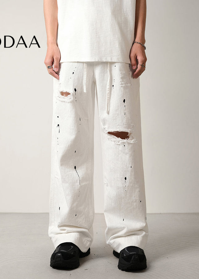 Black Ink-Splashed Ripped Wide-Leg Jeans - 28 / White - Men’s Jeans