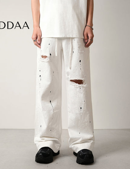 Black Ink-Splashed Ripped Wide-Leg Jeans - 28 / White - Men’s Jeans