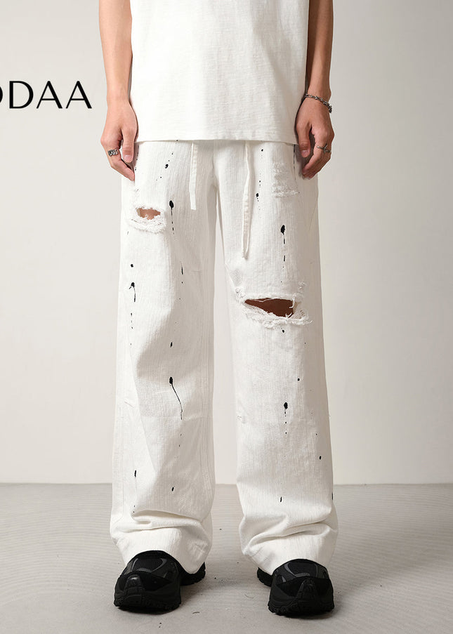 Black Ink-Splashed Ripped Wide-Leg Jeans - 28 / White - Men’s Jeans