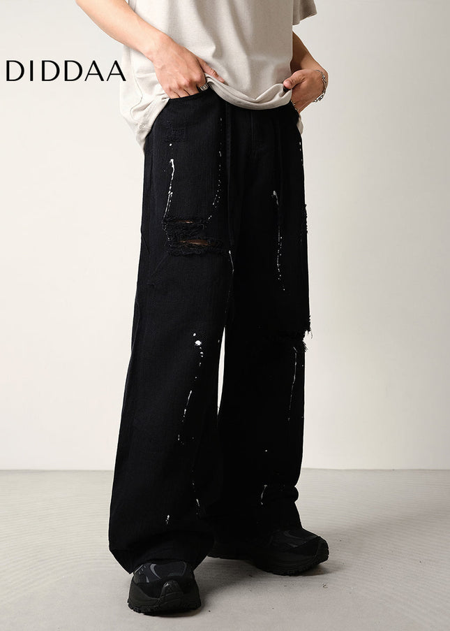 Black Ink-Splashed Ripped Wide-Leg Jeans - Men’s Jeans