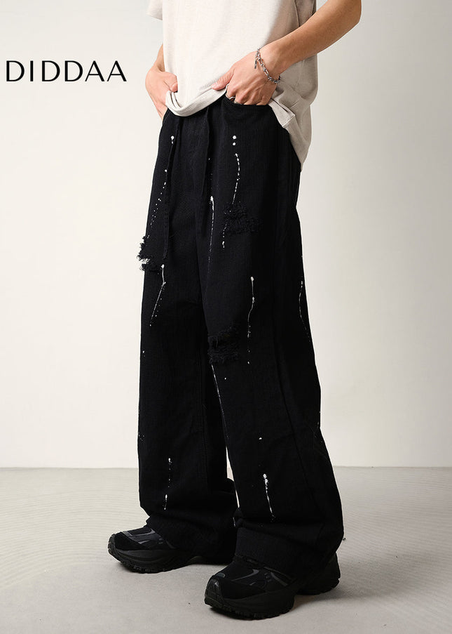 Black Ink-Splashed Ripped Wide-Leg Jeans - Men’s Jeans