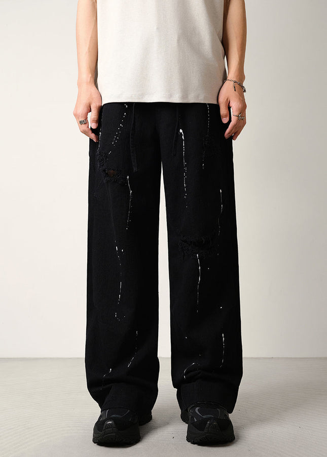 Black Ink-Splashed Ripped Wide-Leg Jeans - Men’s Jeans