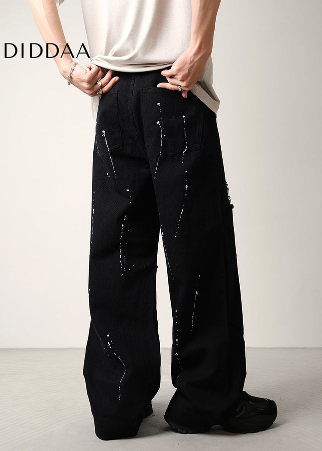 Black Ink-Splashed Ripped Wide-Leg Jeans - Men’s Jeans