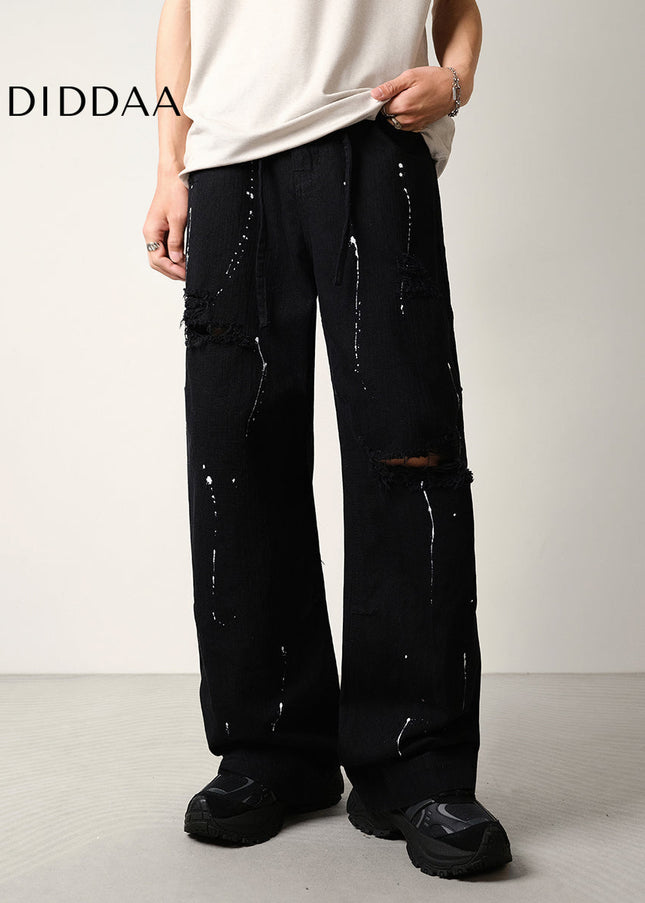 Black Ink-Splashed Ripped Wide-Leg Jeans - Men’s Jeans