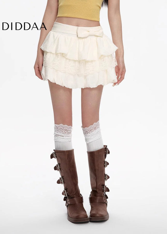 Black Lace High Waist Pleated A-Line Skirt for Women - S / White - Skirts
