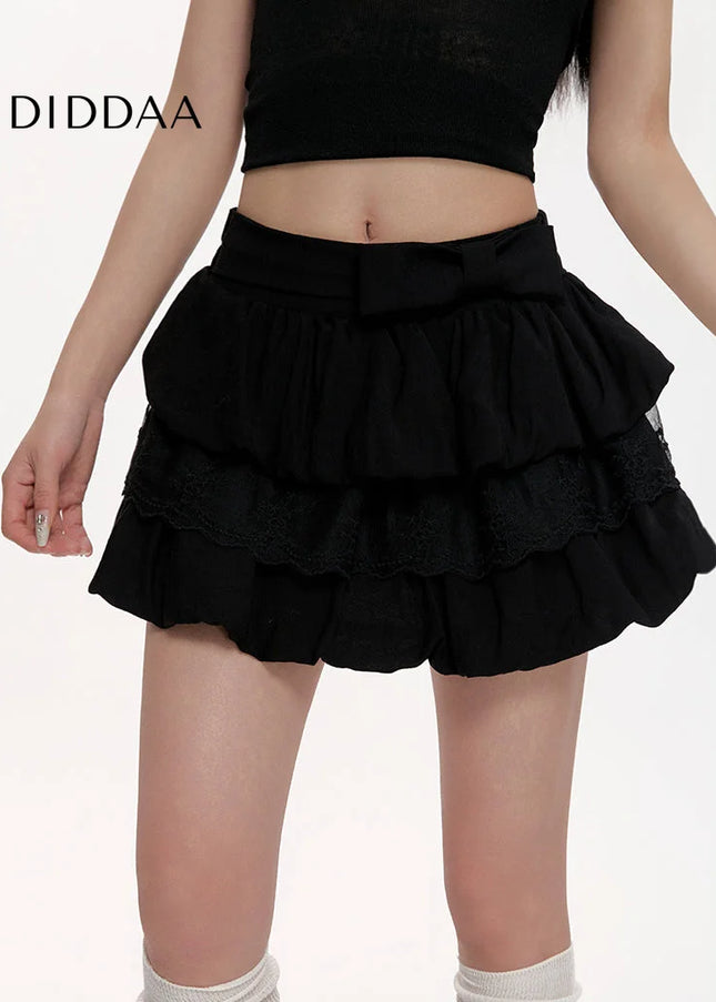 Black Lace High Waist Pleated A-Line Skirt for Women - Skirts